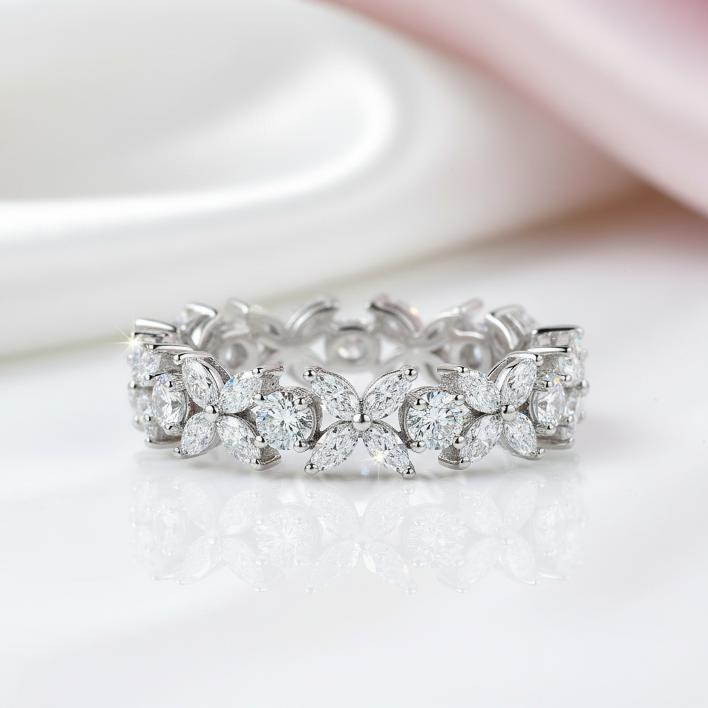 Half Eternity Diamond Flower Wedding Band-Black Diamonds New York