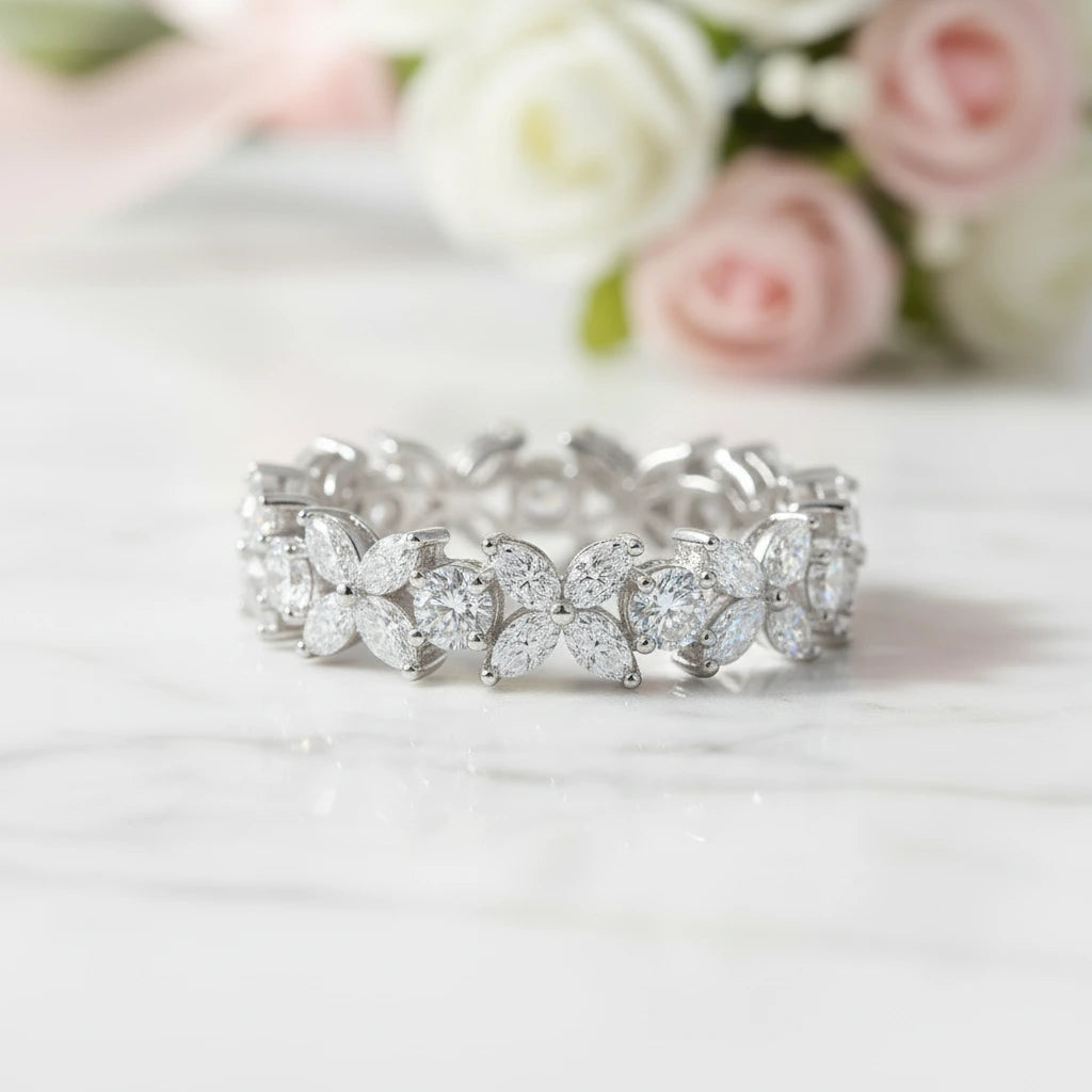 Half Eternity Diamond Flower Wedding Band-Black Diamonds New York