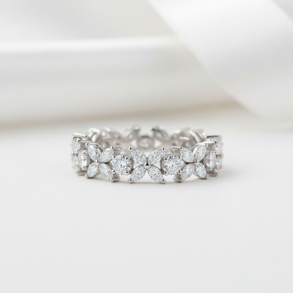 Half Eternity Diamond Flower Wedding Band-Black Diamonds New York