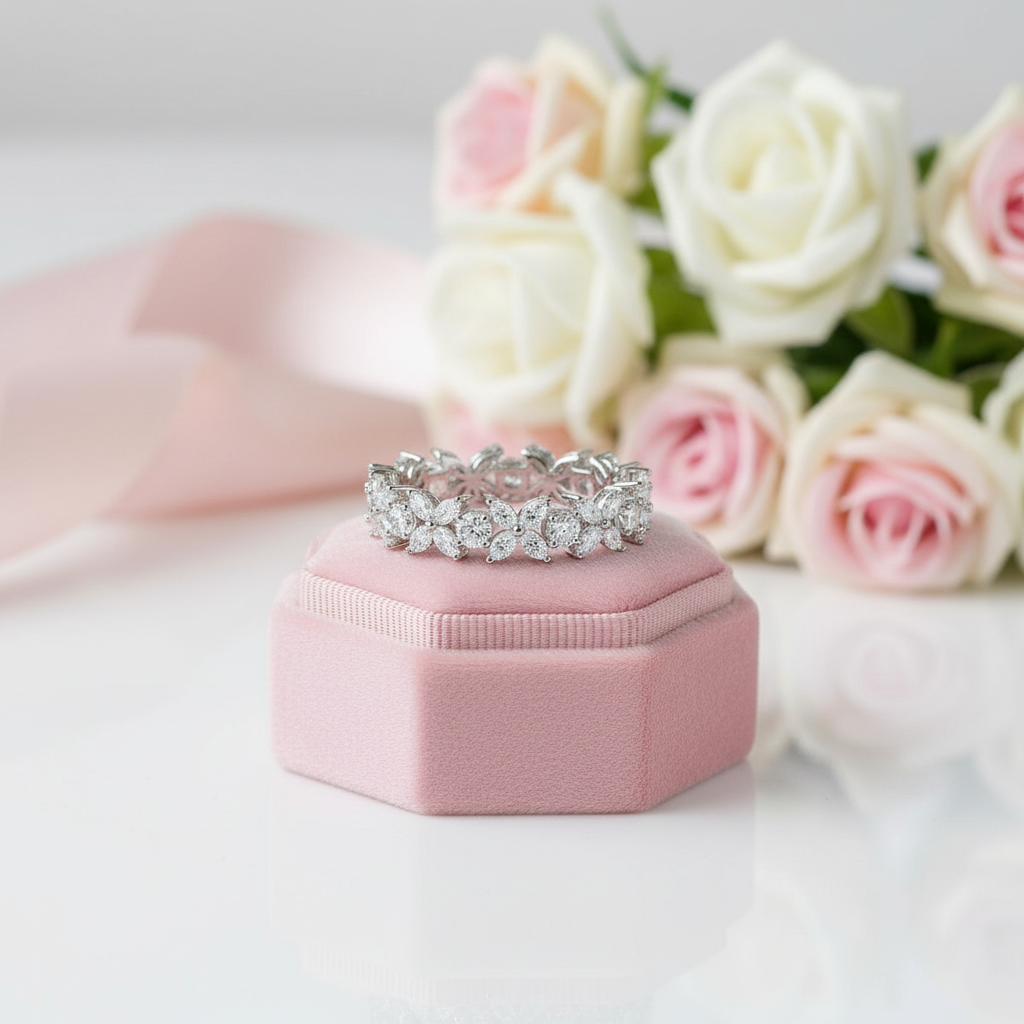Half Eternity Diamond Option Flower Wedding Band-Black Diamonds New York