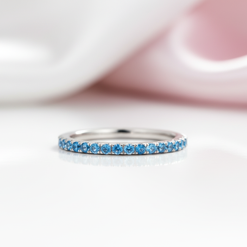 Half Eternity Light Aquamarine Blue Wedding Band-Black Diamonds New York