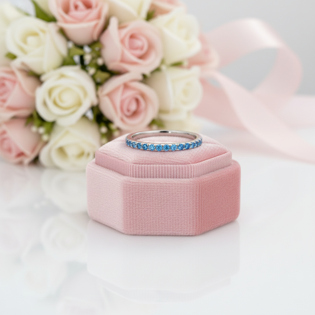 Half Eternity Light Aquamarine Blue Wedding Band-Black Diamonds New York