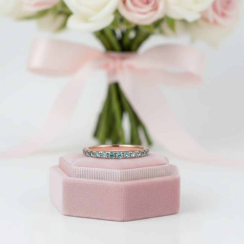Half Eternity Rose Gold Light Aquamarine Blue Wedding Band-Black Diamonds New York