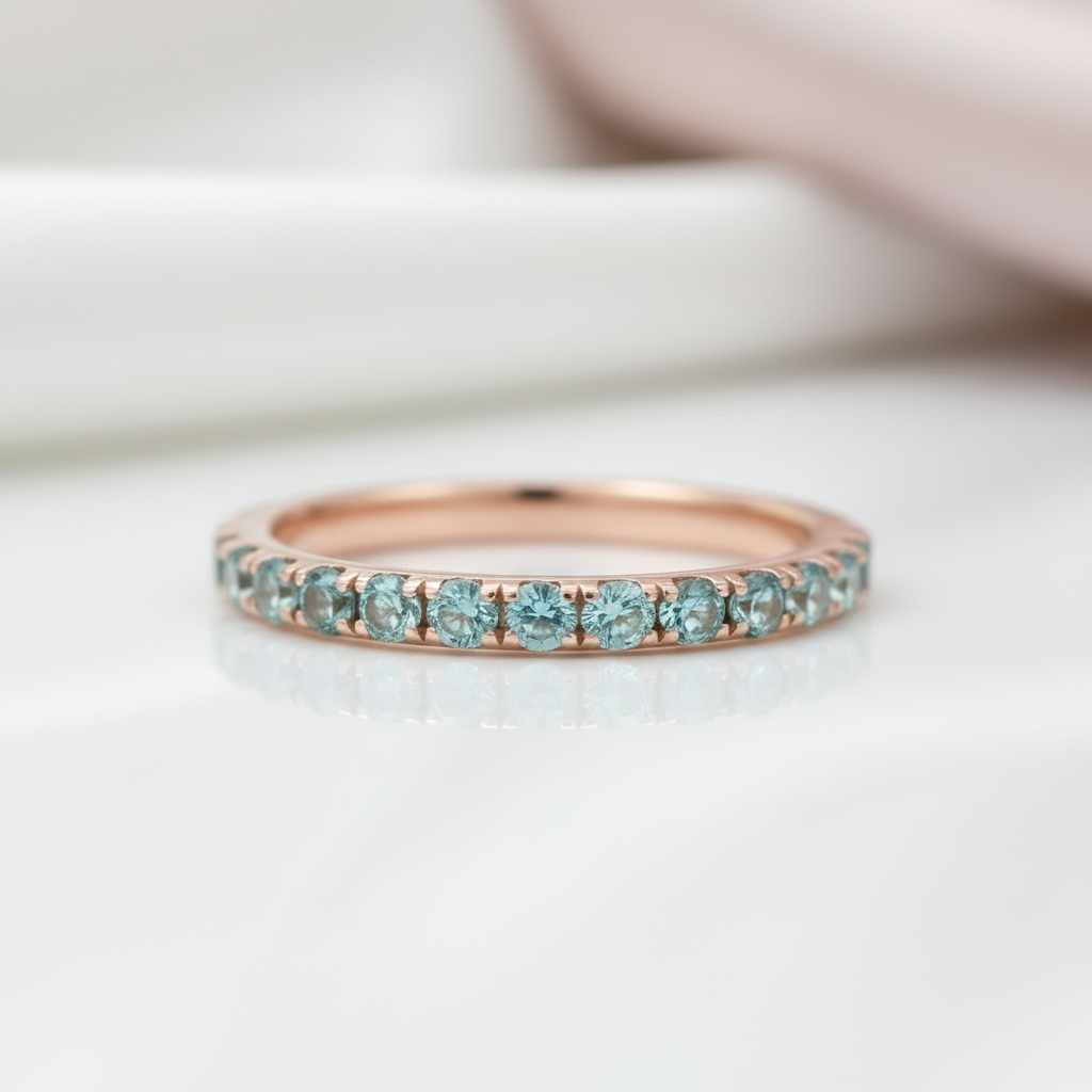 Half Eternity Rose Gold Light Aquamarine Blue Wedding Band-Black Diamonds New York