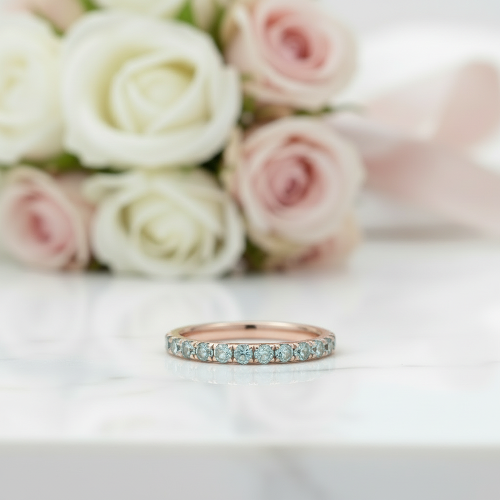 Half Eternity Rose Gold Light Aquamarine Blue Wedding Band-Black Diamonds New York