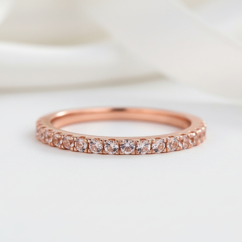 Half Eternity Rose Gold Peachy Pink Stone Wedding Band-Black Diamonds New York