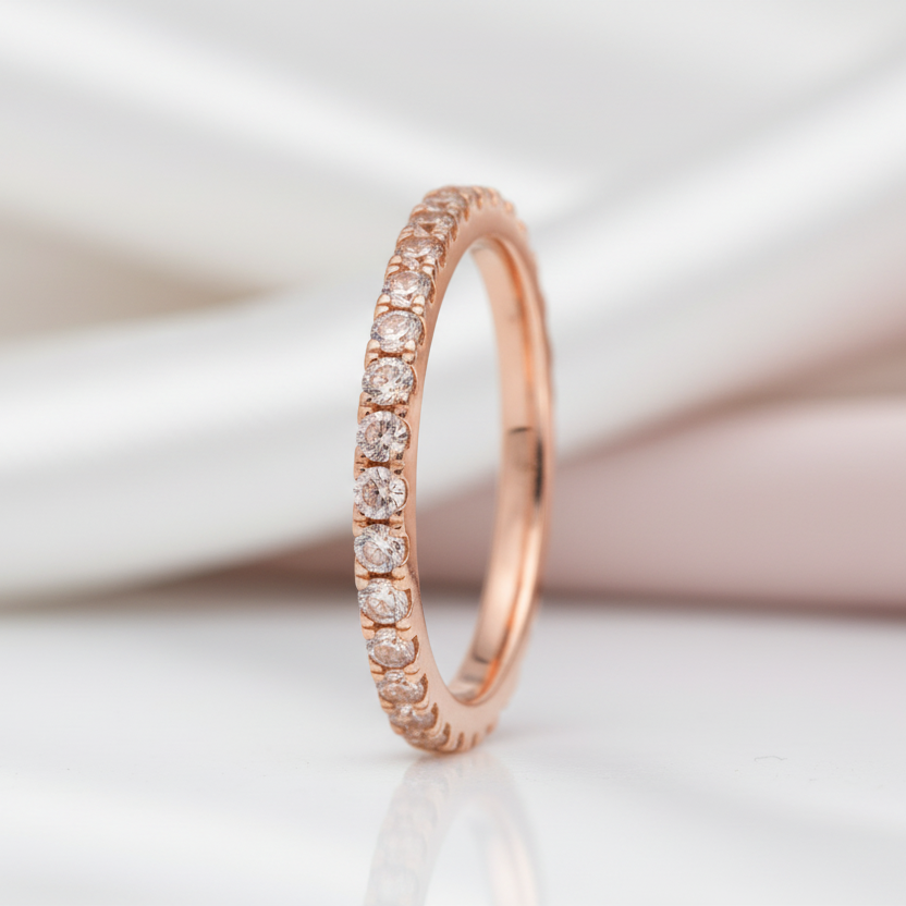 Half Eternity Rose Gold Peachy Pink Stone Wedding Band-Black Diamonds New York