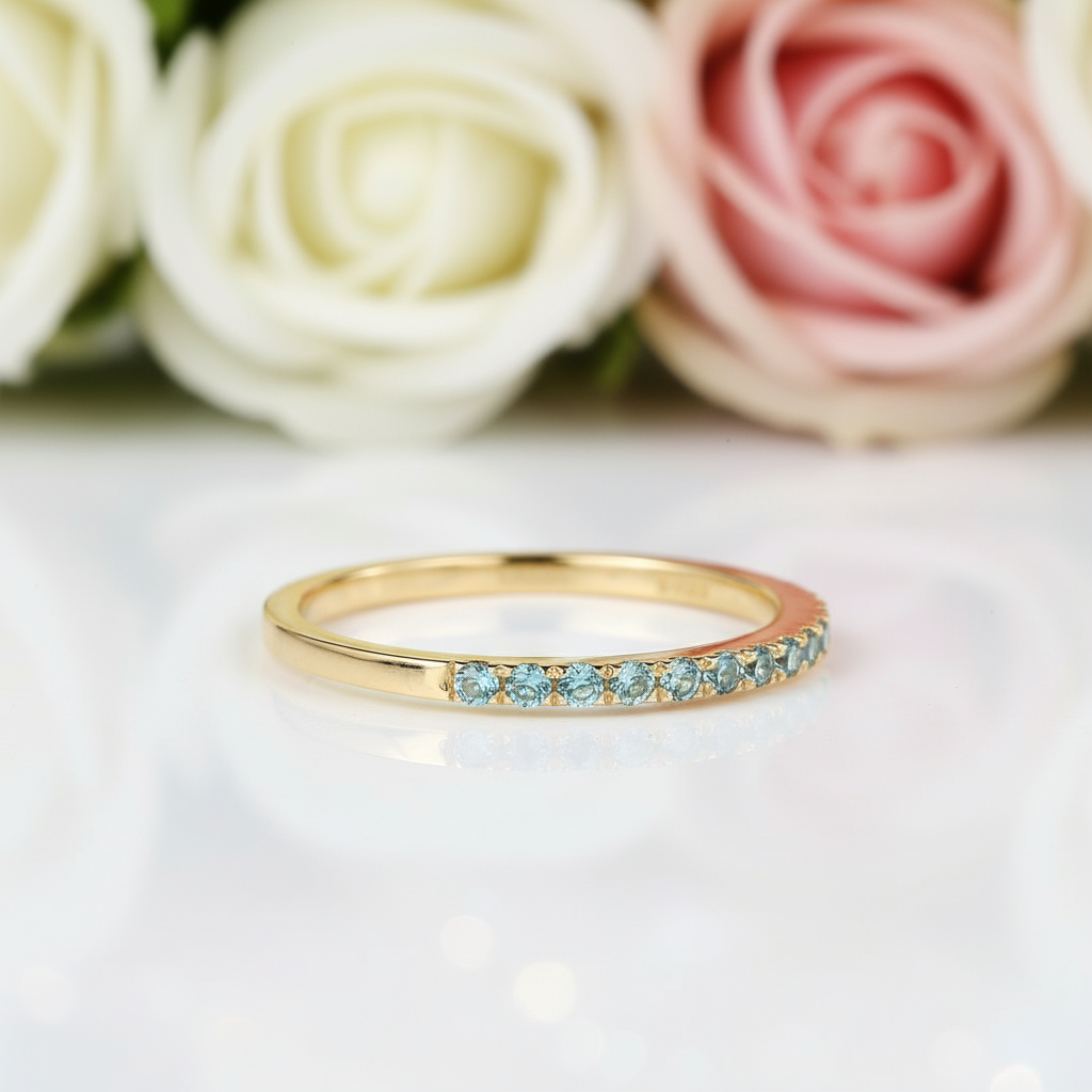 Half Eternity Yellow Gold Paraiba Tourmaline Wedding Band-Black Diamonds New York
