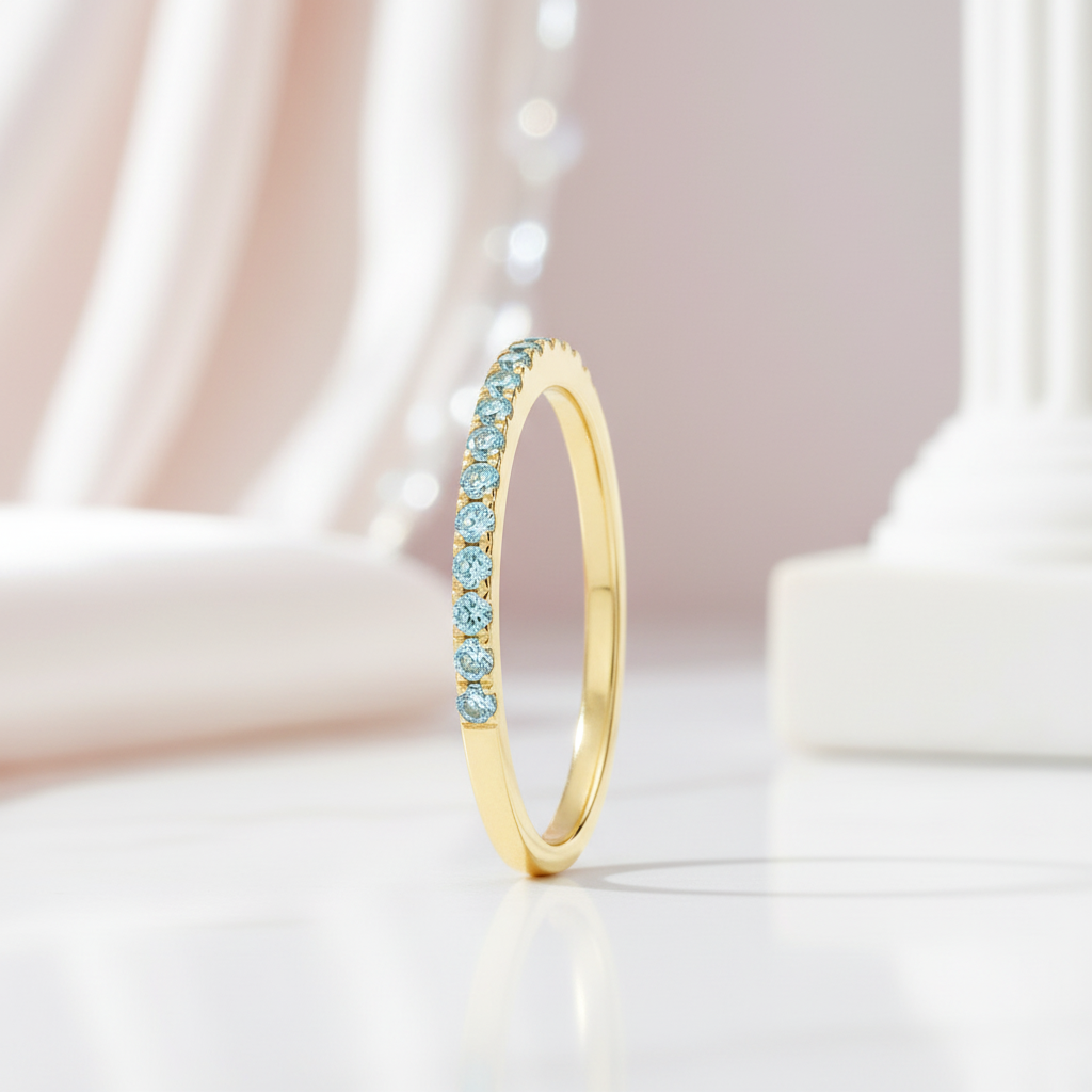 Half Eternity Yellow Gold Paraiba Tourmaline Wedding Band-Black Diamonds New York