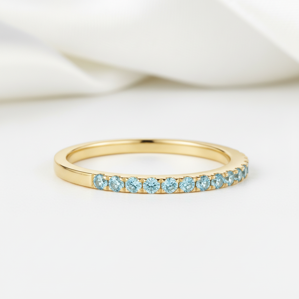 Half Eternity Yellow Gold Paraiba Tourmaline Wedding Band-Black Diamonds New York