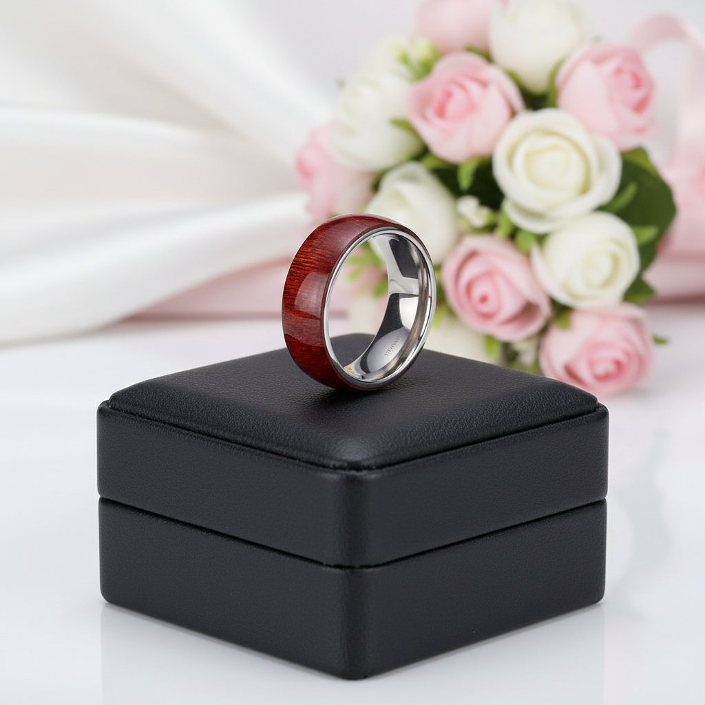 Half Wood Inlay Men's Titanium Wedding Band-Black Diamonds New York