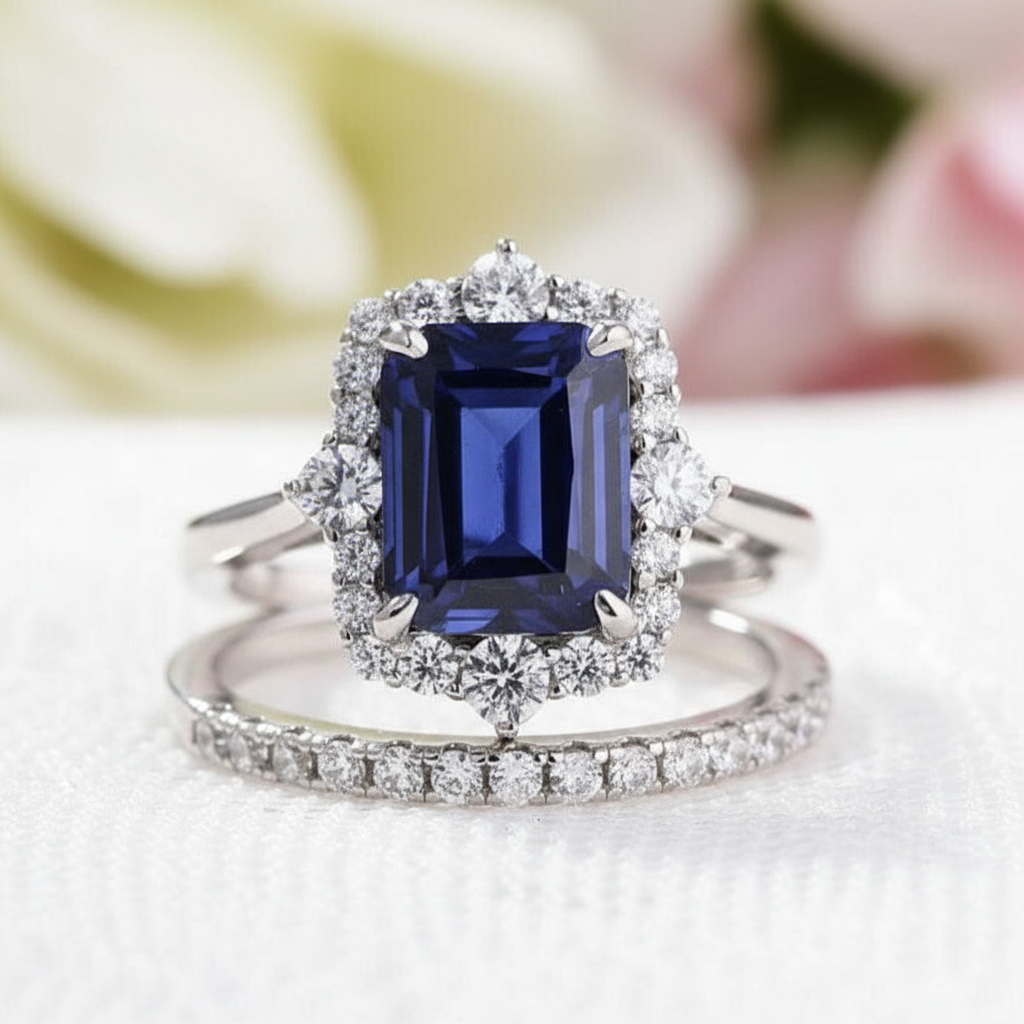 Halo Blue Sapphire Emerald Cut Wedding Ring Set-Black Diamonds New York