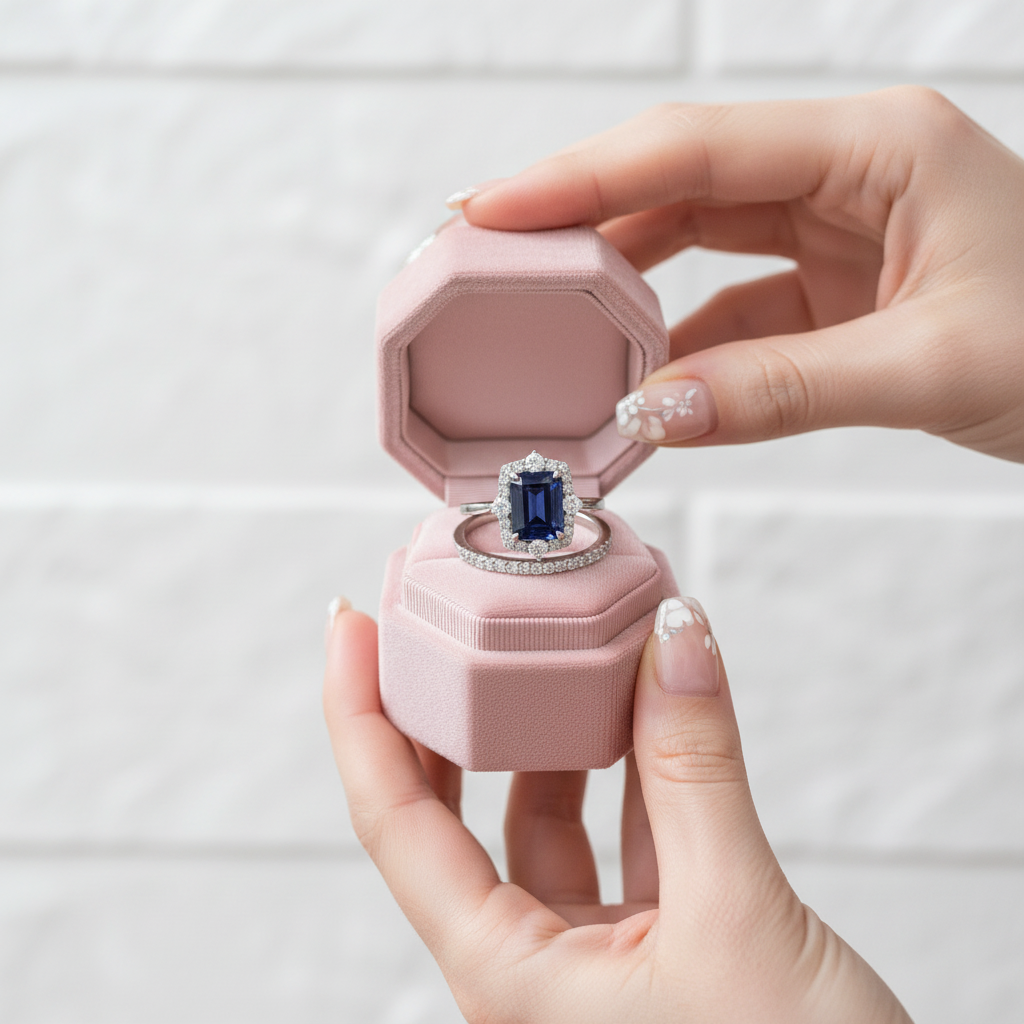 Halo Blue Sapphire Emerald Cut Wedding Ring Set-Black Diamonds New York