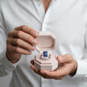 Halo Blue Sapphire Emerald Cut Wedding Ring Set-Black Diamonds New York