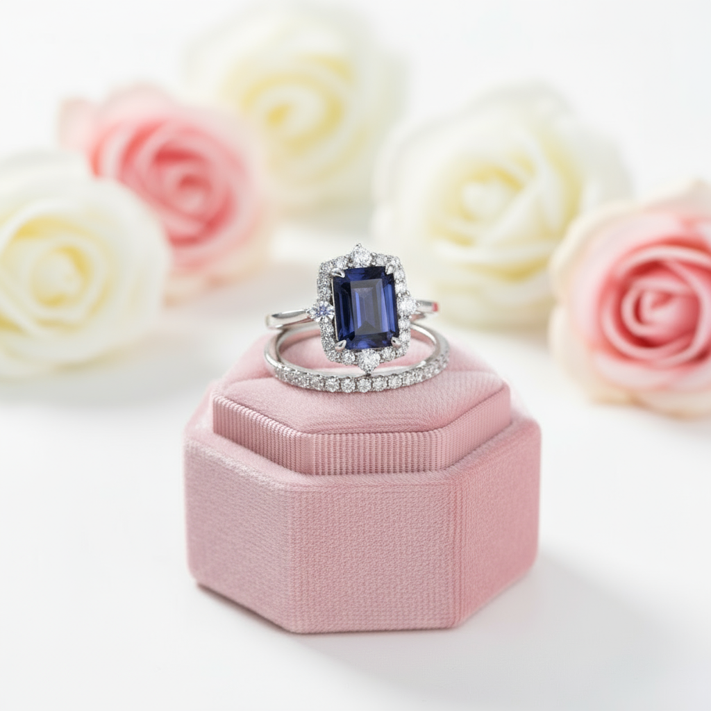 Halo Blue Sapphire Emerald Cut Wedding Ring Set-Black Diamonds New York