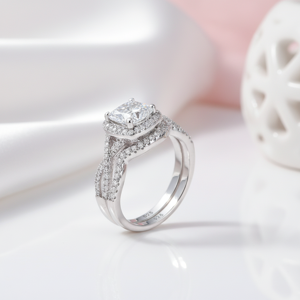 Halo Cushion Cut Diamond Option Infinity Engagement Ring Set-Black Diamonds New York