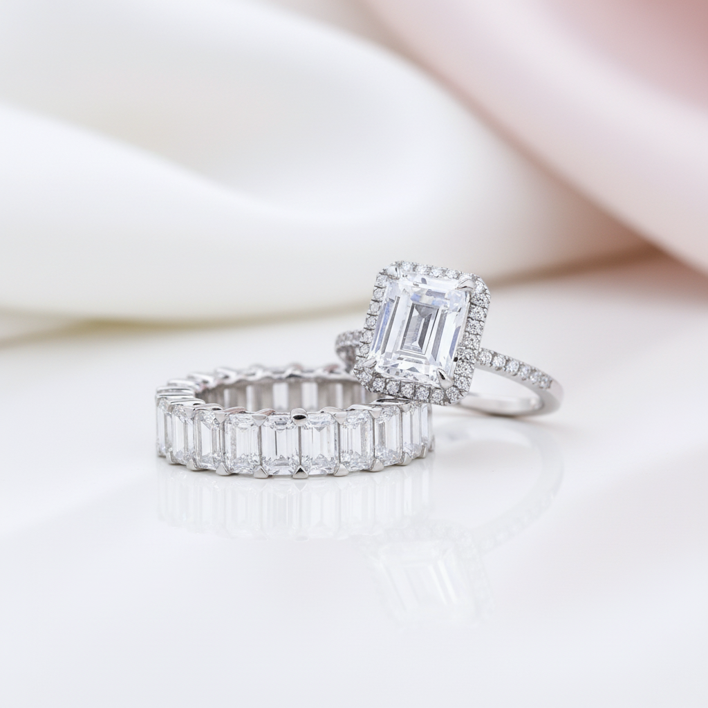 Halo Emerald Cut Ring & Diamond Option Wedding Band Set-Black Diamonds New York