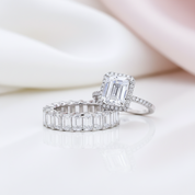 Halo Emerald Cut Ring & Diamond Option Wedding Band Set-Black Diamonds New York