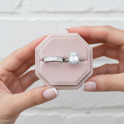 Halo Emerald Cut Ring & Diamond Option Wedding Band Set-Black Diamonds New York