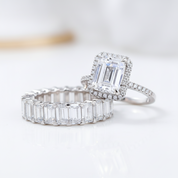 Halo Emerald Cut Ring & Diamond Option Wedding Band Set-Black Diamonds New York