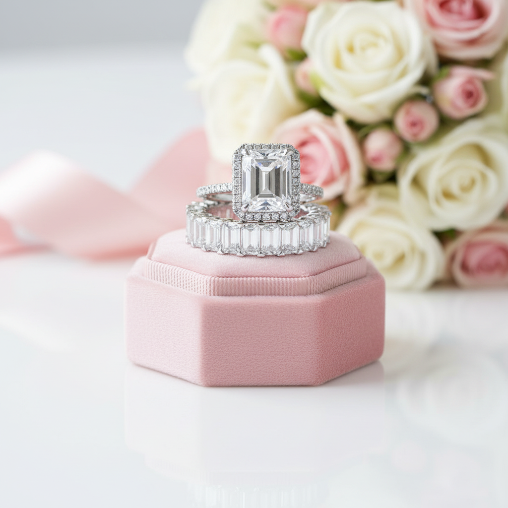 Halo Emerald Cut Ring & Diamond Option Wedding Band Set-Black Diamonds New York