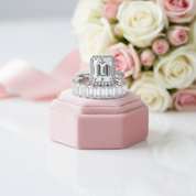 Halo Emerald Cut Ring & Diamond Option Wedding Band Set-Black Diamonds New York