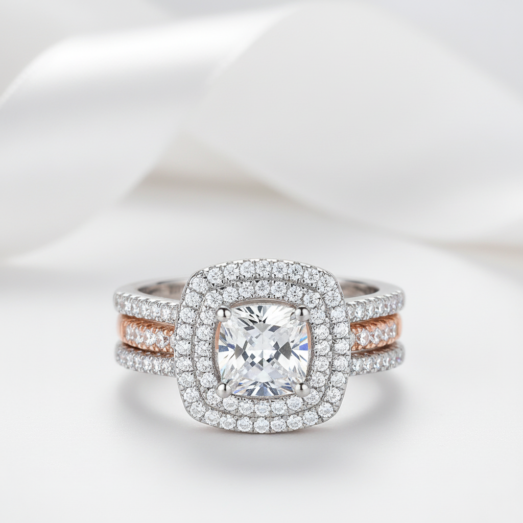 Cushion Cut Diamond Option Double Halo Two Tone Engagement Ring Set-Black Diamonds New York