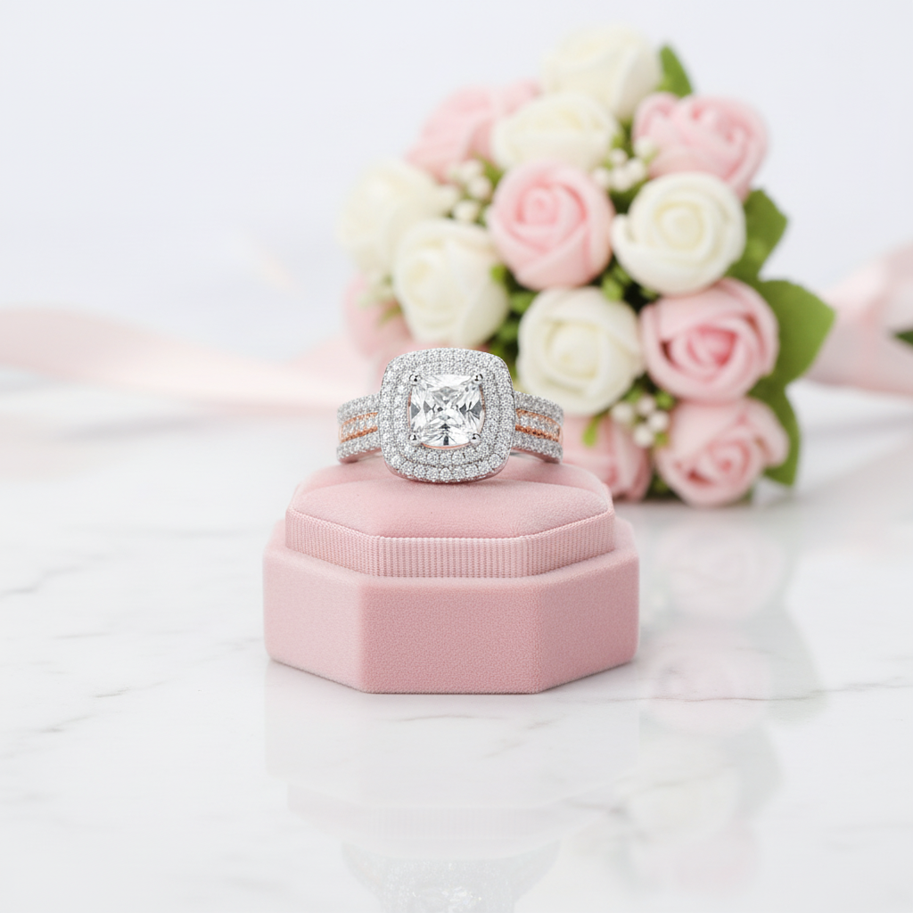 Cushion Cut Diamond Option Double Halo Two Tone Engagement Ring Set-Black Diamonds New York