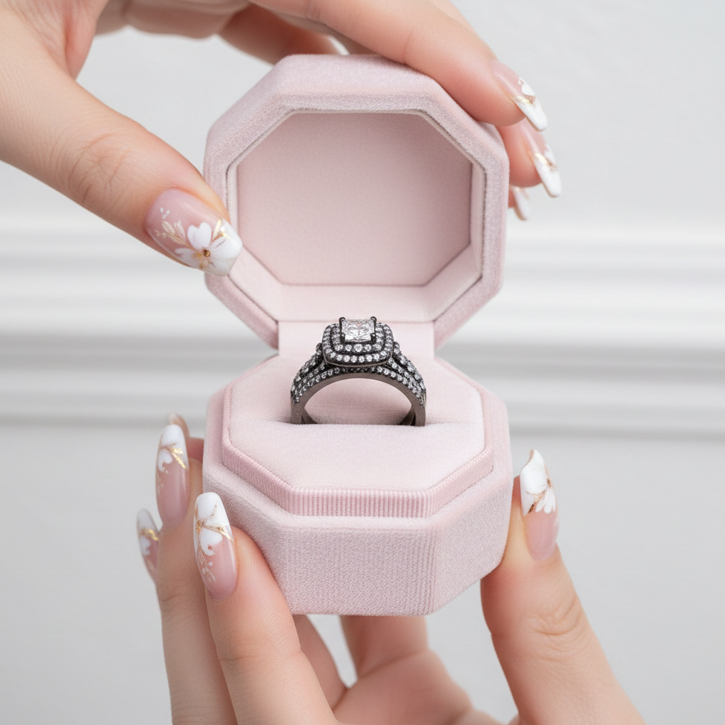 Double Halo Cushion Cut Diamond Option Black Engagement Ring Set-Black Diamonds New York