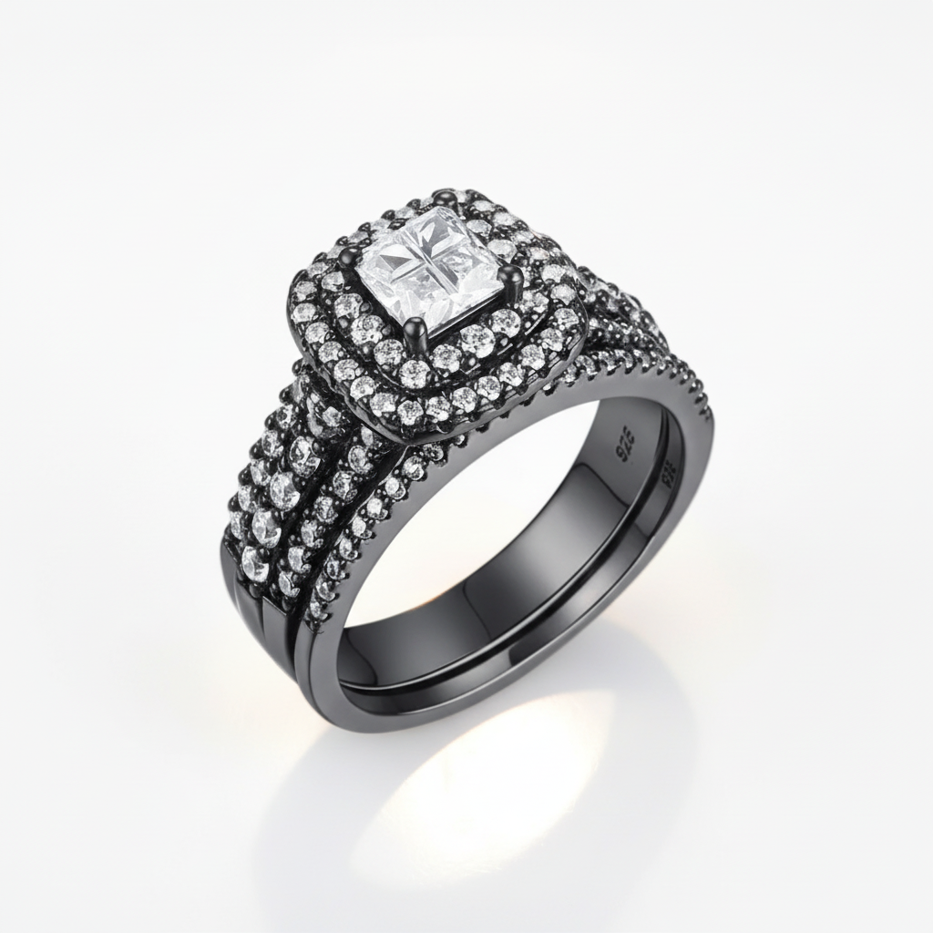 Double Halo Cushion Cut Diamond Option Black Engagement Ring Set-Black Diamonds New York