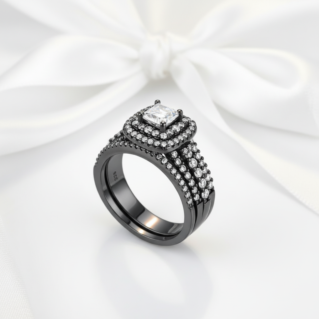 Double Halo Cushion Cut Diamond Option Black Engagement Ring Set-Black Diamonds New York