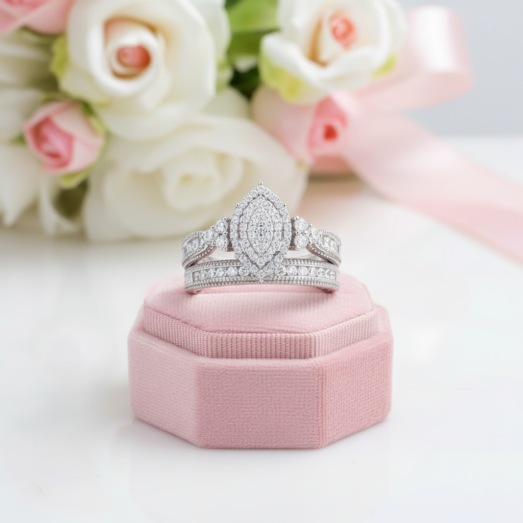 Round Cut Marquise Cluster Vintage Halo Engagement Ring Set-Black Diamonds New York