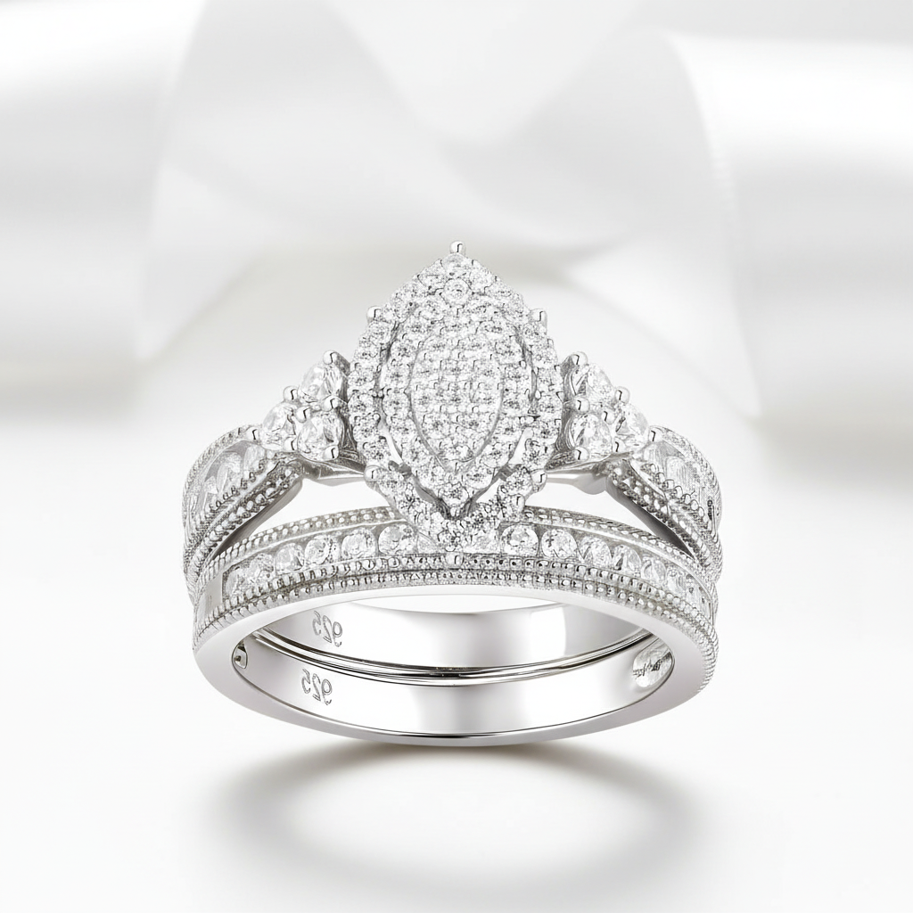 Round Cut Marquise Cluster Vintage Halo Engagement Ring Set