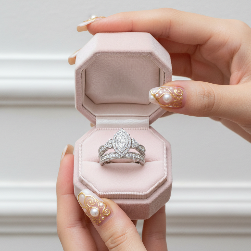 Round Cut Marquise Cluster Vintage Halo Engagement Ring Set