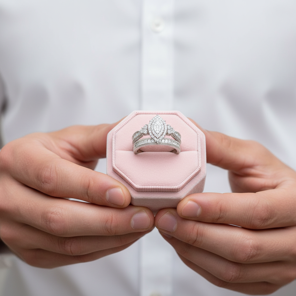 Round Cut Marquise Cluster Vintage Halo Engagement Ring Set