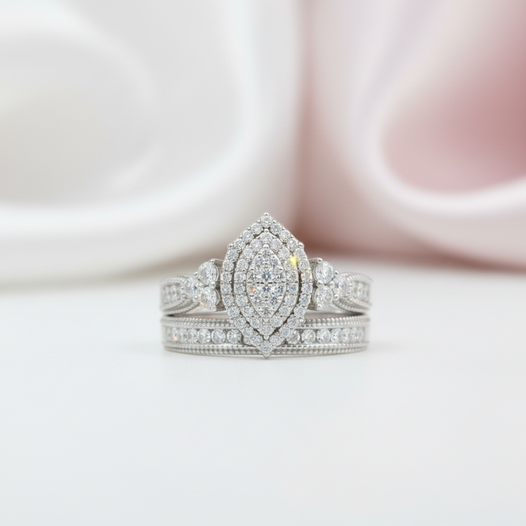 Round Cut Marquise Cluster Vintage Halo Engagement Ring Set-Black Diamonds New York