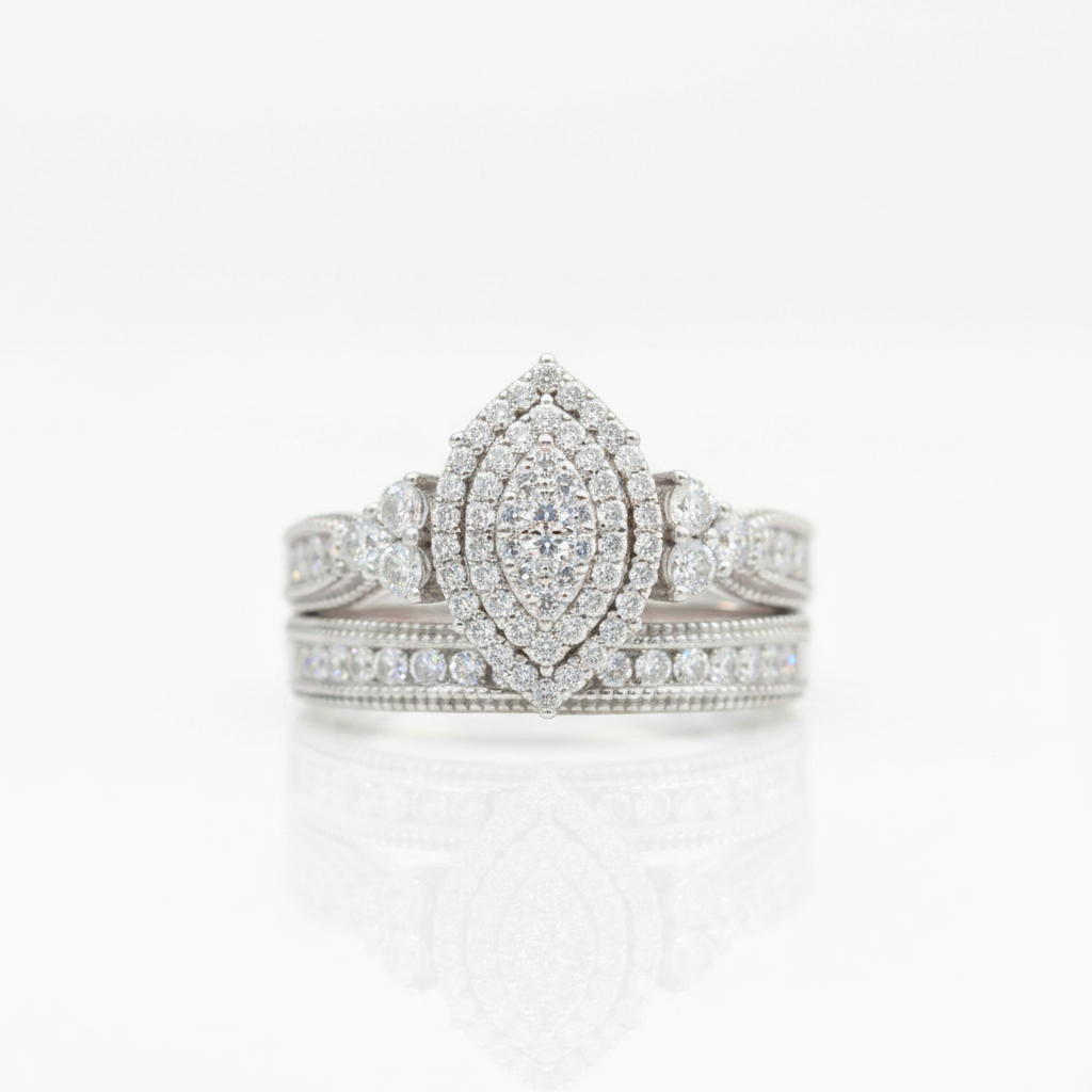Round Cut Marquise Cluster Vintage Halo Engagement Ring Set-Black Diamonds New York