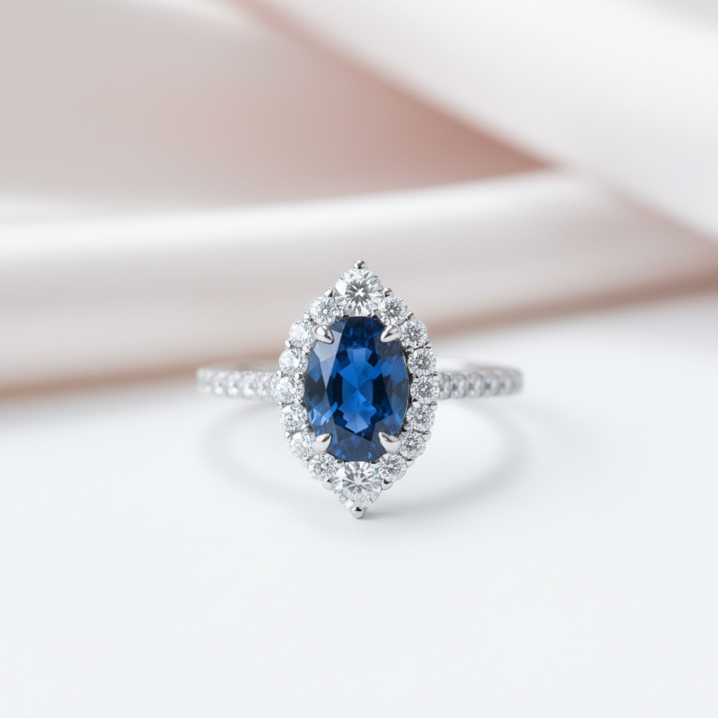 Halo Oval Cut Blue Sapphire Engagement Ring-Black Diamonds New York