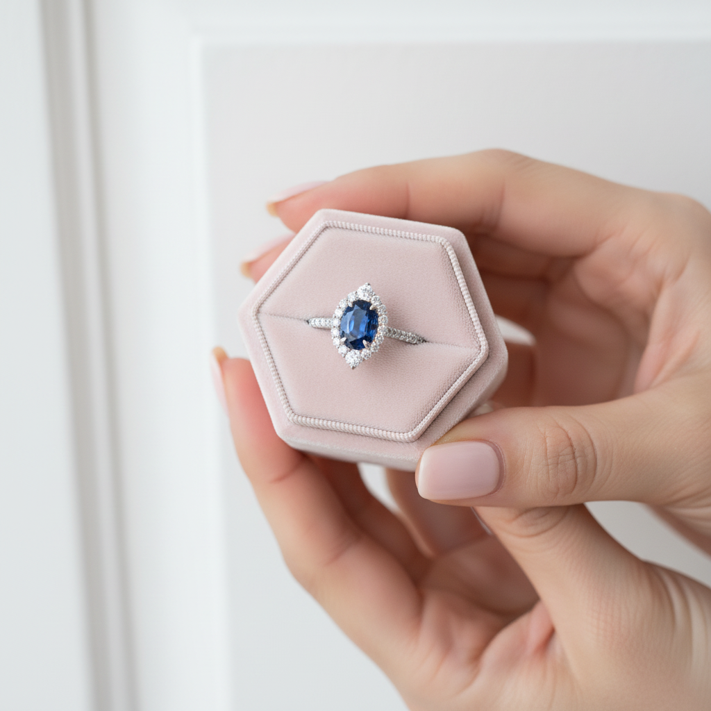 Halo Oval Cut Blue Sapphire Engagement Ring-Black Diamonds New York