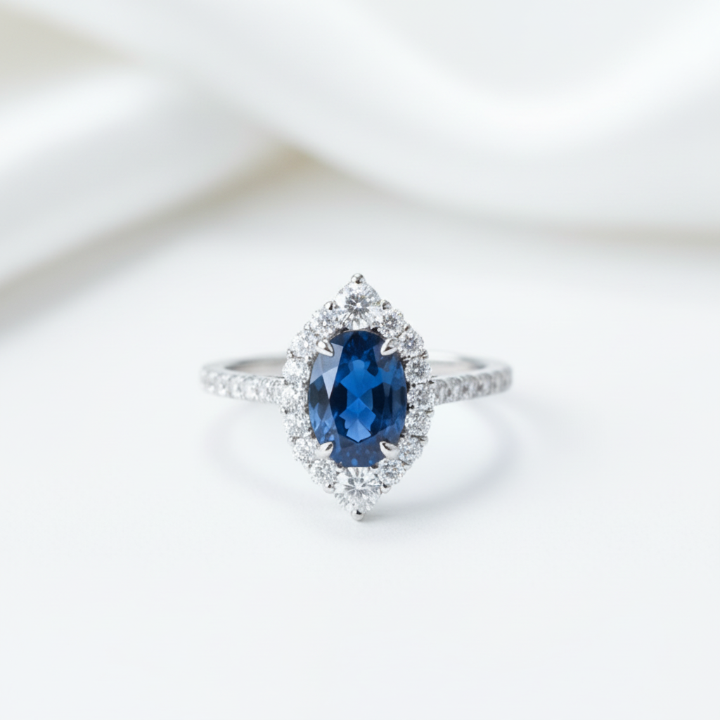Halo Oval Cut Blue Sapphire Engagement Ring-Black Diamonds New York
