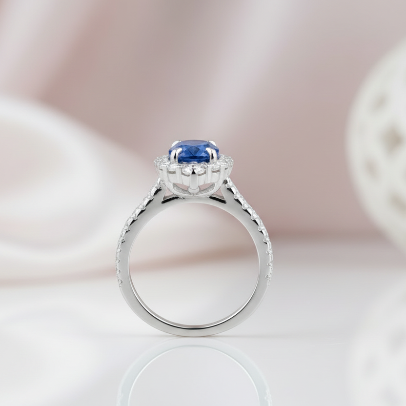 Halo Oval Cut Blue Sapphire Engagement Ring-Black Diamonds New York