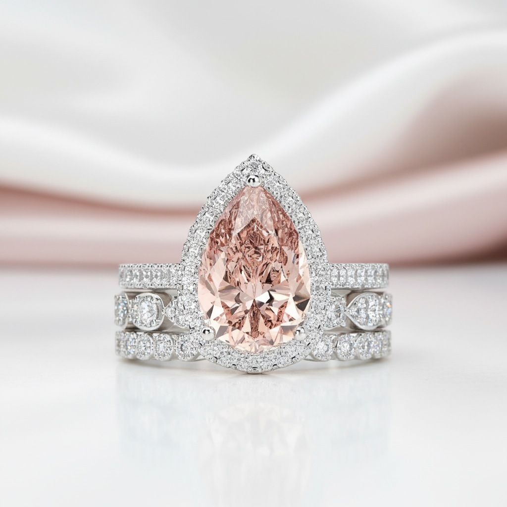 Halo Pear Cut 3ct Morganite Ring Set 3pcs In White Gold-Black Diamonds New York
