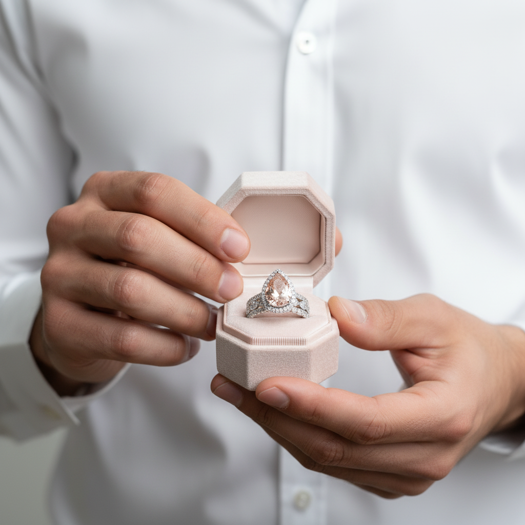 Halo Pear Cut 3ct Morganite Ring Set 3pcs In White Gold-Black Diamonds New York