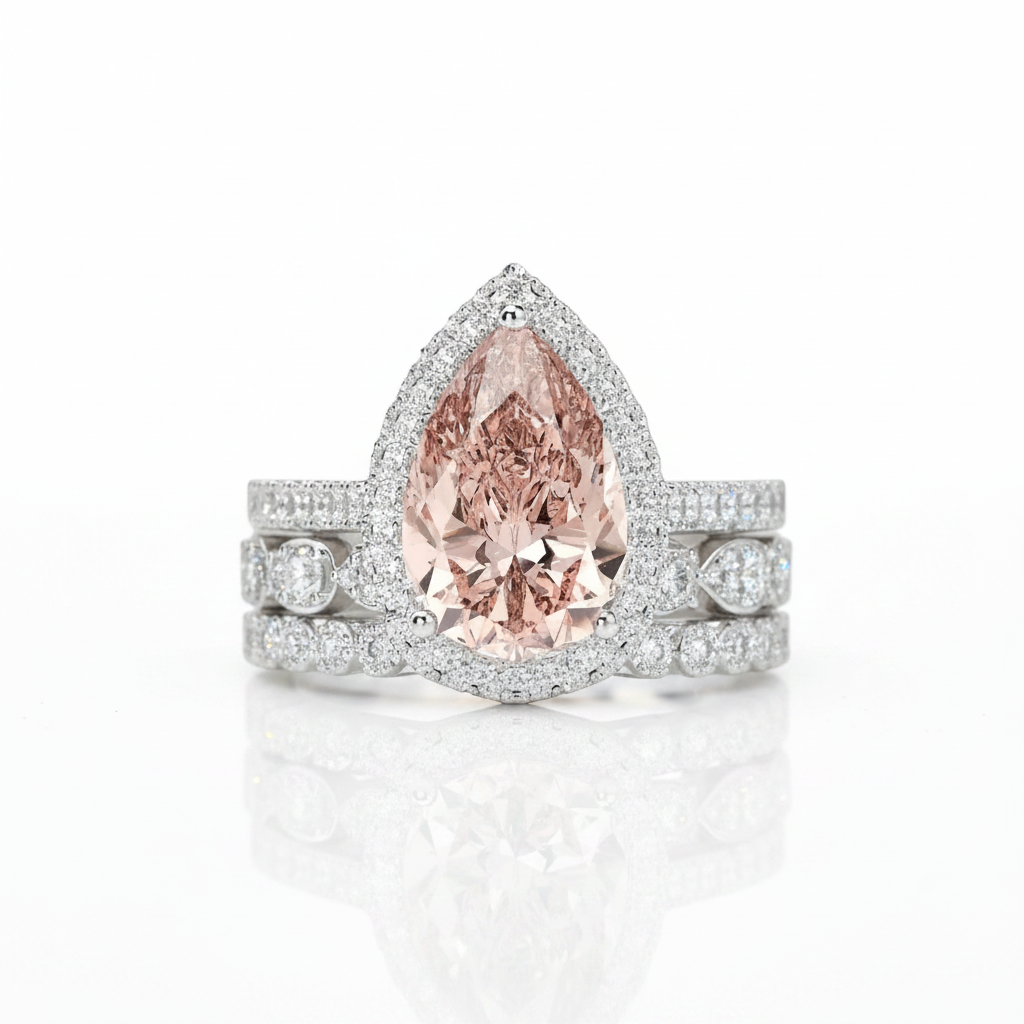 Halo Pear Cut 3ct Morganite Ring Set 3pcs In White Gold-Black Diamonds New York