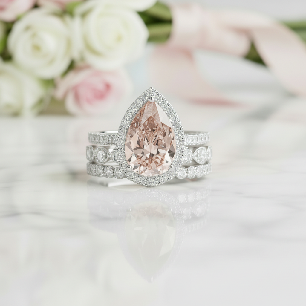 Halo Pear Cut 3ct Morganite Ring Set 3pcs In White Gold-Black Diamonds New York