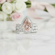 Halo Pear Cut 3ct Morganite Ring Set 3pcs In White Gold-Black Diamonds New York