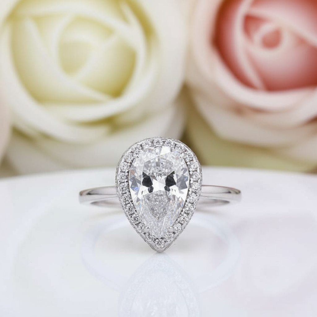 Halo Pear Cut Simulated Diamond Engagement Ring-Black Diamonds New York