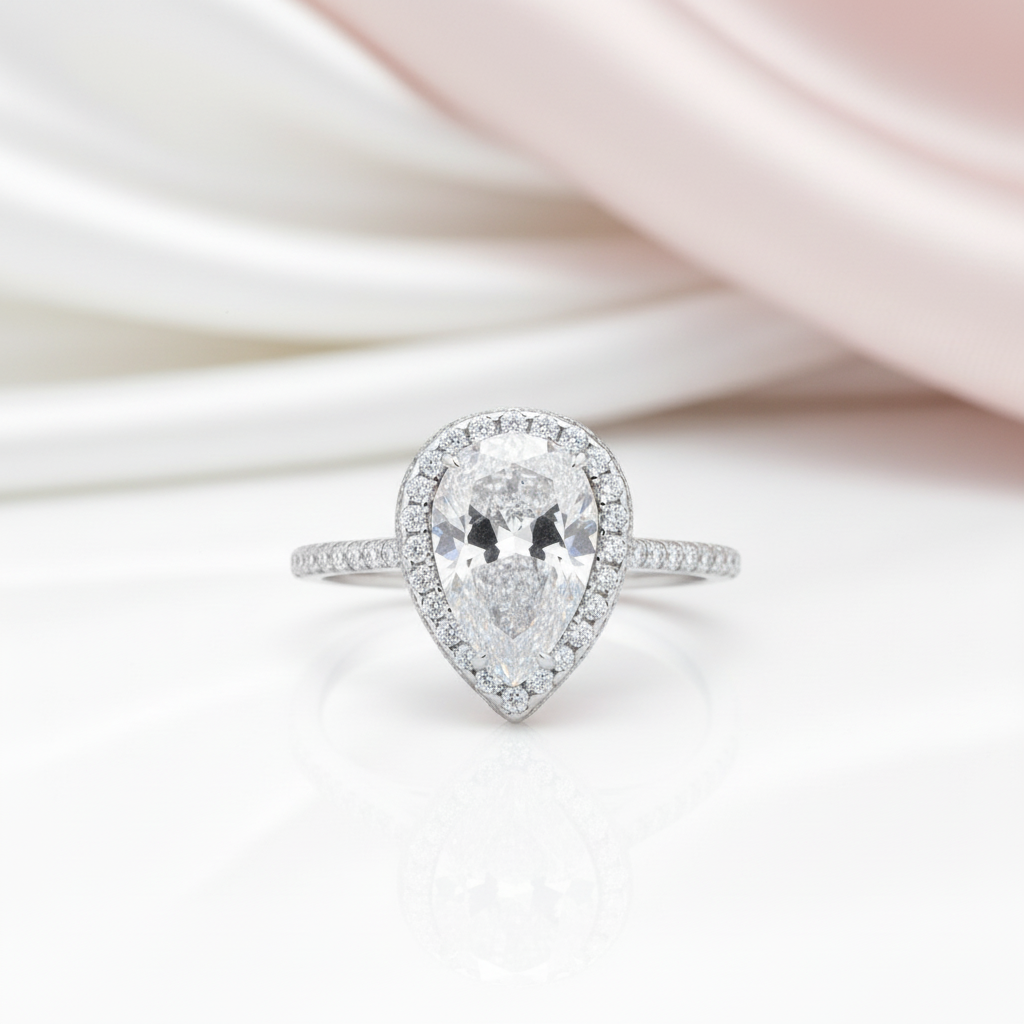 Halo Pear Cut Simulated Diamond Option Engagement Ring-Black Diamonds New York