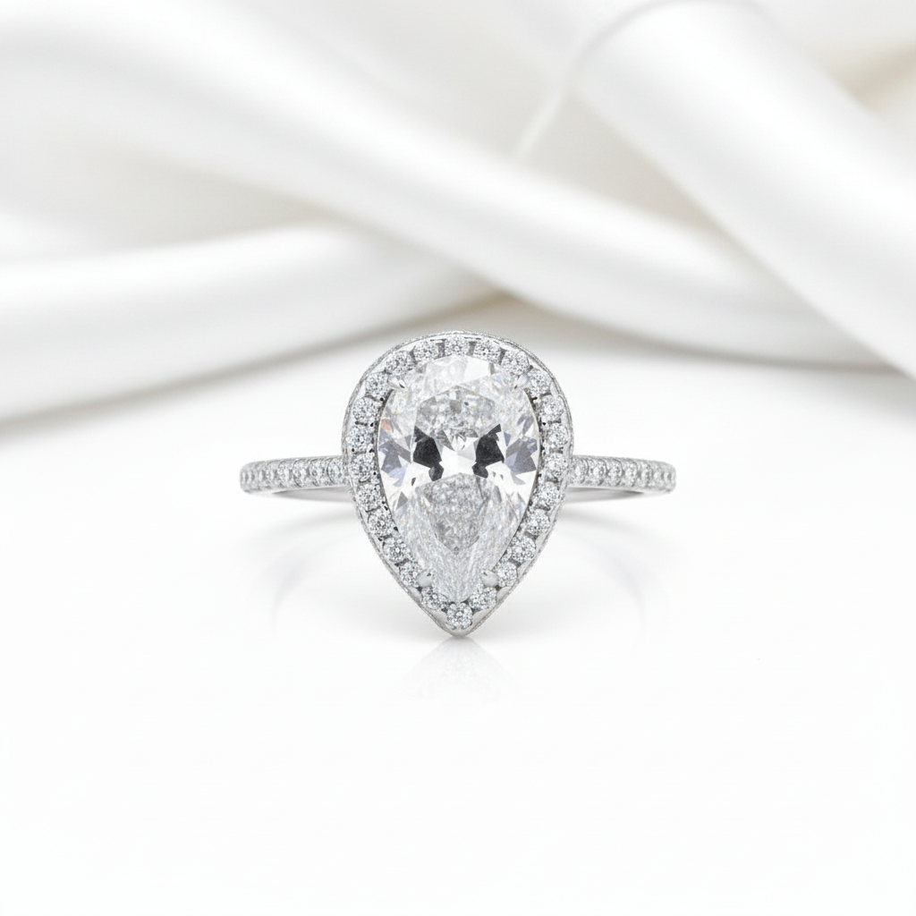 Halo Pear Cut Simulated Diamond Option Engagement Ring-Black Diamonds New York