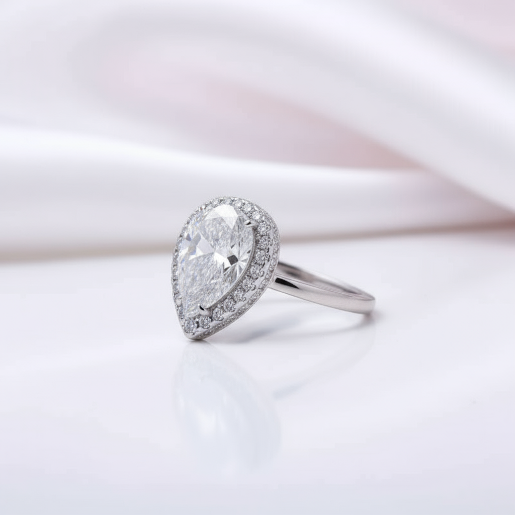 Halo Pear Cut Simulated Diamond Engagement Ring-Black Diamonds New York